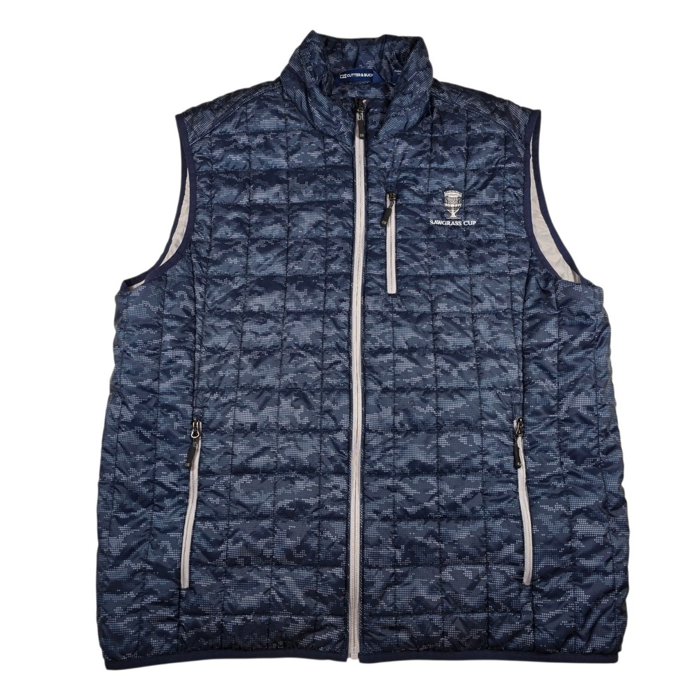 Cutter & Buck Rainer Primaloft Eco Blue Camo Packable Puffer Vest Mens Sz L LOGO